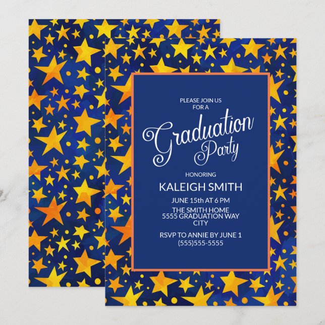 Invitación Estrellas de oro en la fiesta de graduación azul d (Anverso / Reverso)