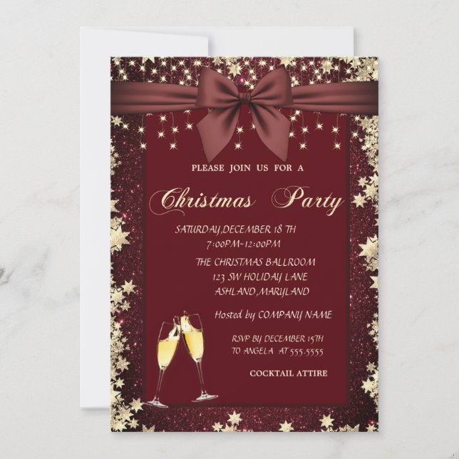 Invitación Estrellas de oro, luces, Purpurina rojo de reveren (Anverso)