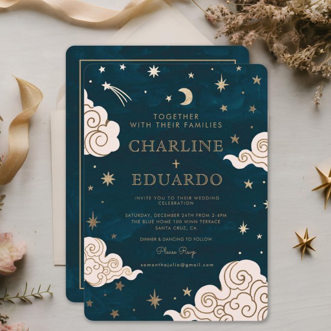 Invitación Estrellas de oro Moon Indigo Celestial Boda de cód (Subido por el creador)