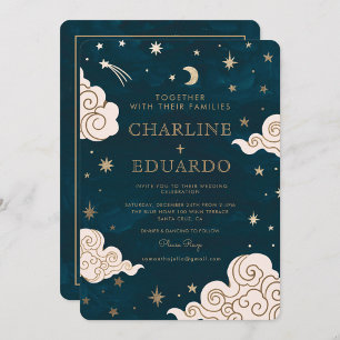 Invitación Estrellas de oro Moon Indigo Celestial Boda de cód