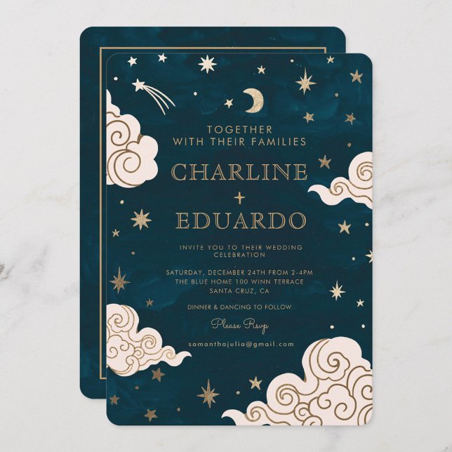 Invitación Estrellas de oro Moon Indigo Celestial Boda de cód (Subido por el creador)