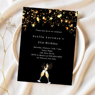 Invitación Estrellas de oro negro animan el cumpleaños