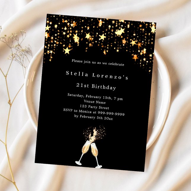 Invitación Estrellas de oro negro animan el cumpleaños (Subido por el creador)