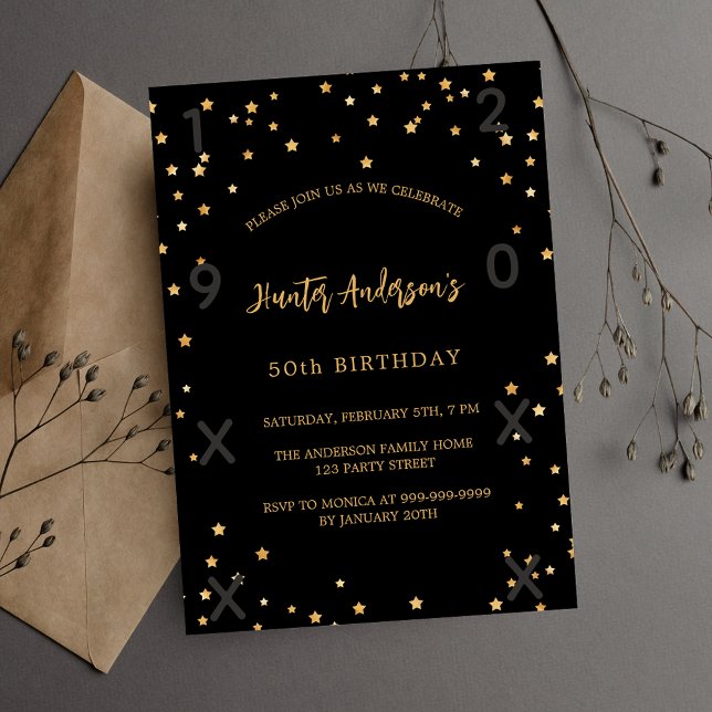 Invitación Estrellas de oro negro de cumpleaños años de lujo (Subido por el creador)