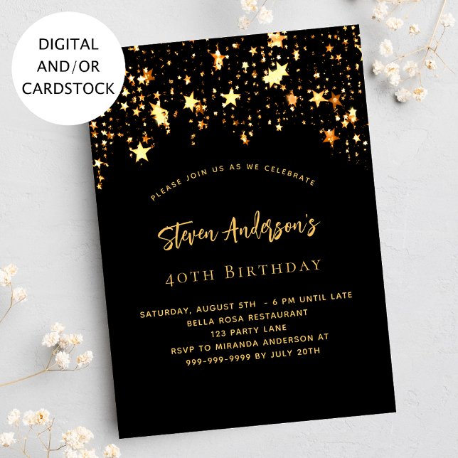 Invitación Estrellas de oro negro de cumpleaños fiesta elegan (Subido por el creador)