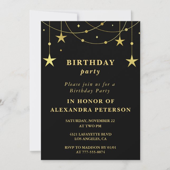 Invitación Estrellas de oro negro elegante cumpleaños 81  (Anverso)