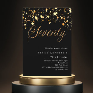 Invitación Estrellas de oro negro elegante lujo 70 cumpleaños