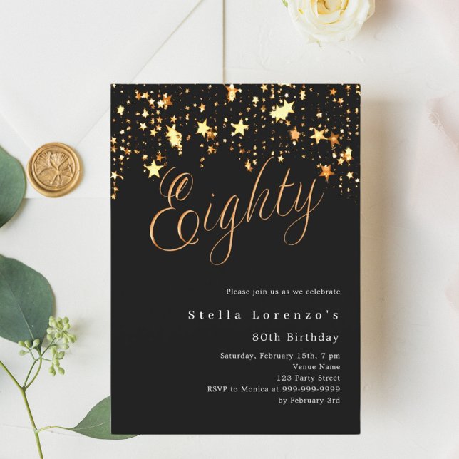 Invitación Estrellas de oro negro elegantes cumpleaños 80 (Subido por el creador)