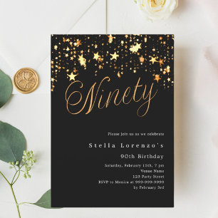 Invitación Estrellas de oro negro elegantes cumpleaños 90