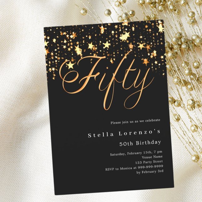 Invitación Estrellas de oro negro elegantes cumpleaños número (Subido por el creador)