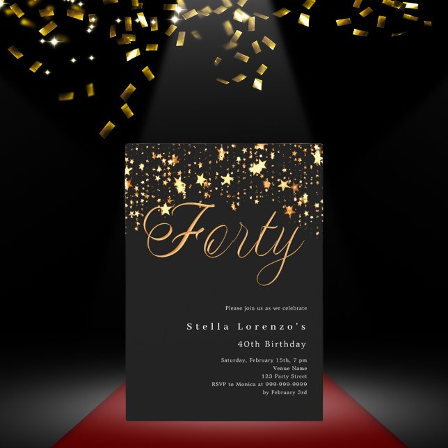 Invitación Estrellas de oro negro elegantes en su 40 cumpleañ (Subido por el creador)