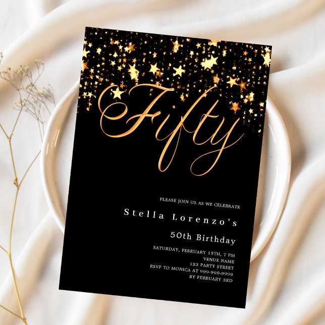 Invitación Estrellas de oro negro guión elegante 50 cumpleaño (Subido por el creador)