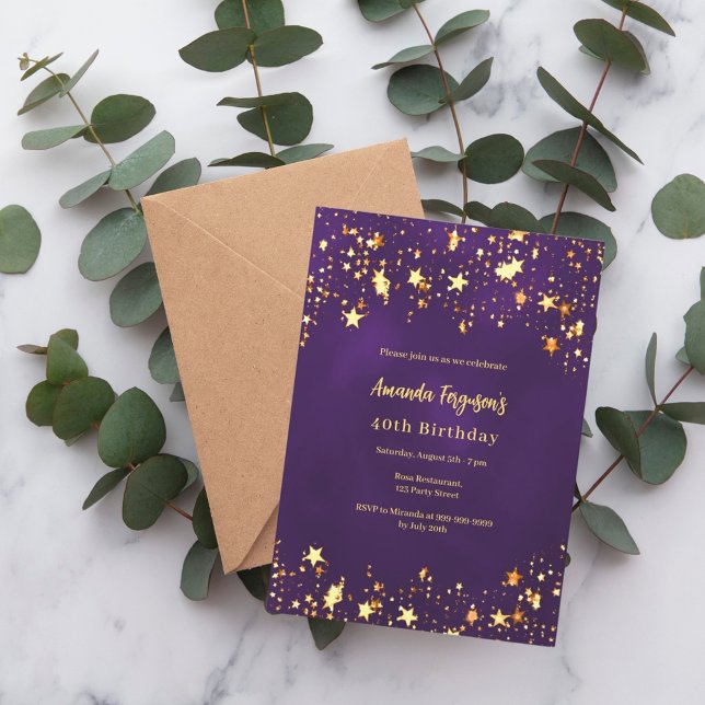 Invitación Estrellas de oro púrpura de cumpleaños (Subido por el creador)