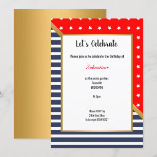 INVITACIÓN ESTRELLAS DE ORO ROJO AZUL BLANCO Y FRANJAS CUMPLE