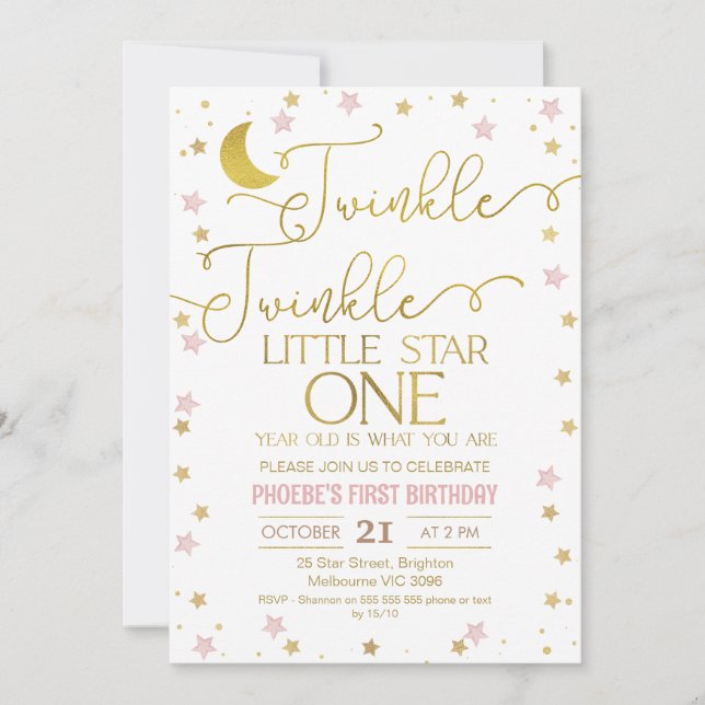 Invitación Estrellas de Oro Rosa Twinkle Pequeña Estrella Pri (Anverso)