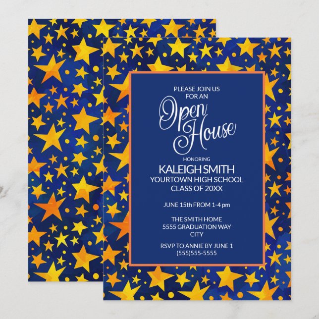 Invitación Estrellas de oro sobre Fiesta de posgrado de la Ma (Anverso / Reverso)