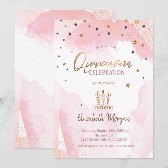 Invitación Estrellas de oro, velas Ombre Quinceanera (Anverso / Reverso)