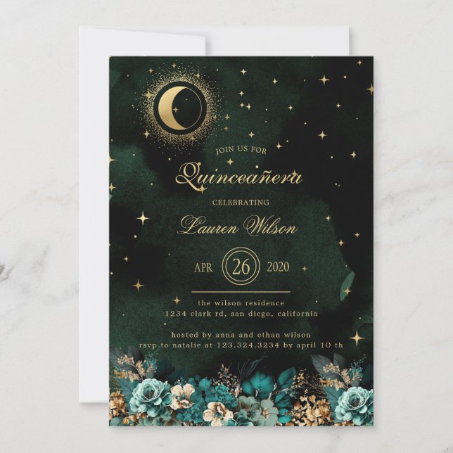 Invitación Estrellas de oro verde floral celeste Quinceanera (Anverso)