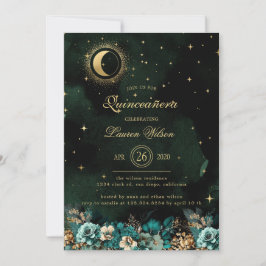 Invitación Estrellas de oro verde floral celeste Quinceanera