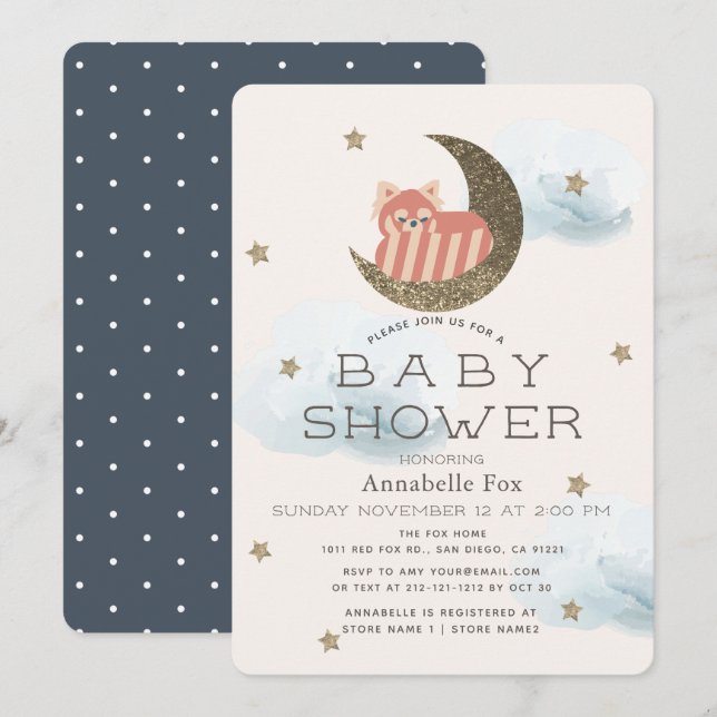 Invitación Estrellas de oro y Baby Shower de Media Luna Roja (Anverso / Reverso)