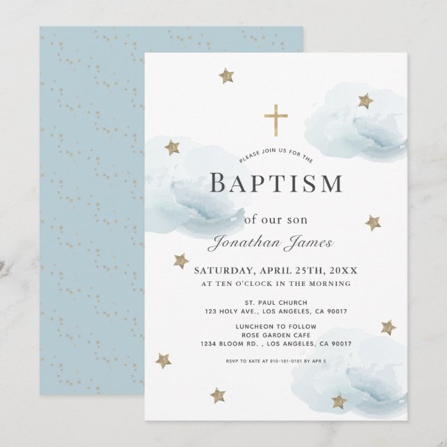 Invitación Estrellas de oro y bautismo de niño con nubes azul (Anverso / Reverso)
