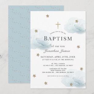 Invitación Estrellas de oro y bautismo de niño con nubes azul