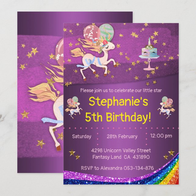 Invitación Estrellas de oro y cumpleaños morado de Unicornio (Anverso / Reverso)