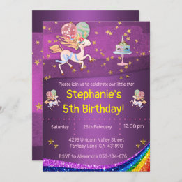 Invitación Estrellas de oro y cumpleaños morado de Unicornio