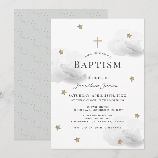 Invitación Estrellas de oro y nubes grises Bautismo neutral d (Anverso / Reverso)
