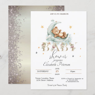 Invitación Estrellas de osito de peluche brillo dorado baby s