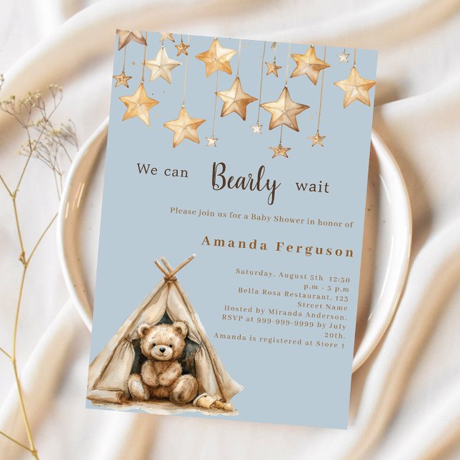 Invitación Estrellas de oso de peluche teepee azul Baby Showe (Subido por el creador)