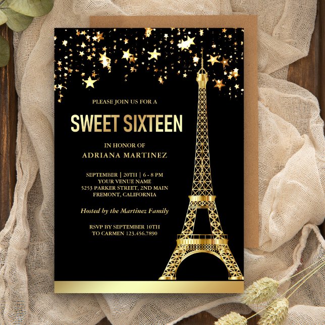 Invitación Estrellas de papel de oro Torre Eiffel Dulces Diec (Subido por el creador)