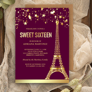 Invitación Estrellas de papel de oro Torre Eiffel Rosa Dulces