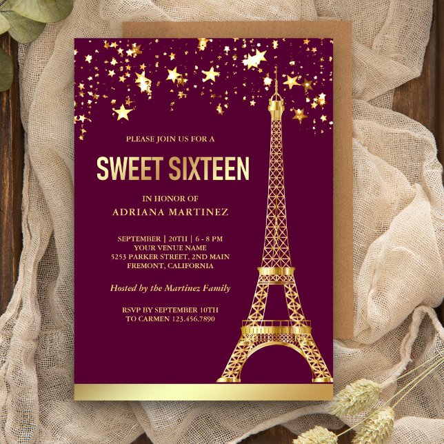 Invitación Estrellas de papel de oro Torre Eiffel Rosa Dulces (Subido por el creador)