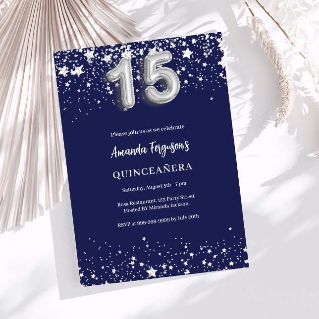 Invitación Estrellas de plata azul marino Quinceanera (Subido por el creador)