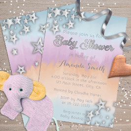 Invitación Estrellas De Plata En El Baby Shower Pastel Ombre