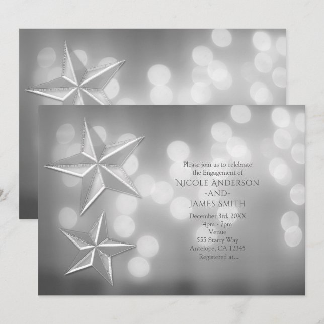 Invitación Estrellas de Plata y Luces de Bokeh Elegantes Comp (Anverso / Reverso)