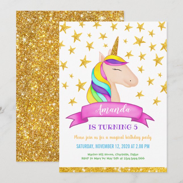 Invitación Estrellas de Purpurina de Faux Gold de Unicorn | C (Anverso / Reverso)