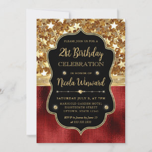 Invitación Estrellas de purpurina rojas y cumpleaños 21 en ho
