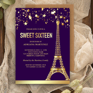 Invitación Estrellas de Relieve metalizado dorado Torre Eiffe