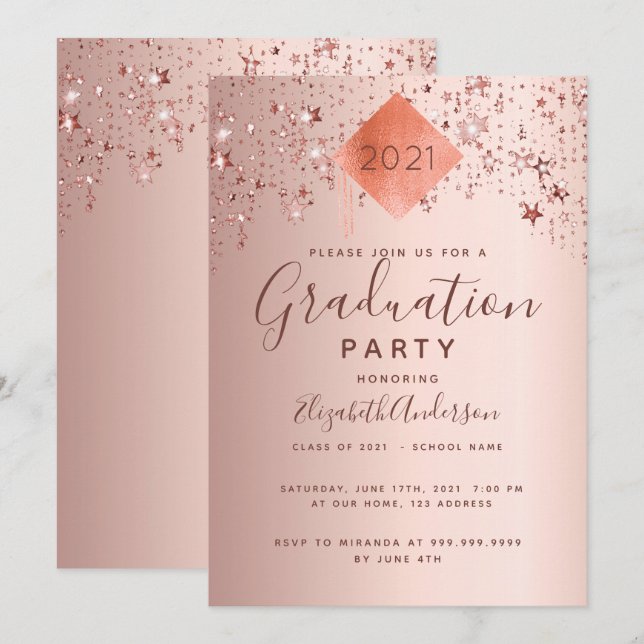 Invitación Estrellas de rosa de oro de la fiesta de graduació (Anverso / Reverso)