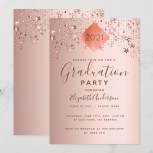 Invitación Estrellas de rosa de oro de la fiesta de graduació