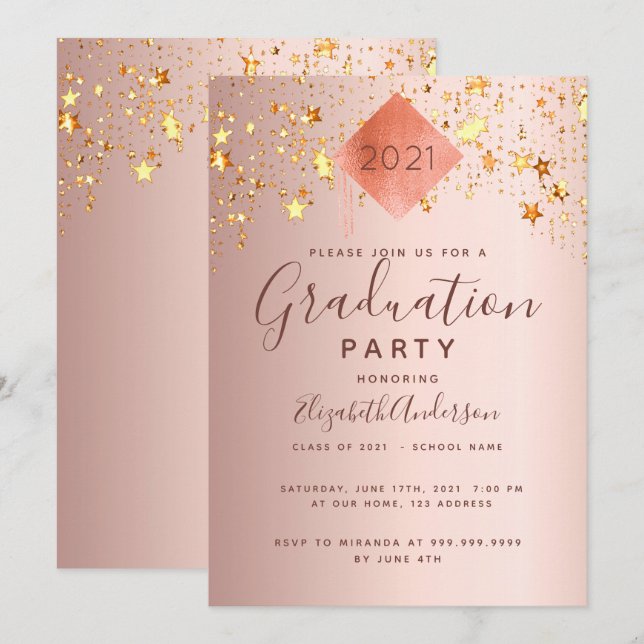 Invitación Estrellas de rosa de oro de la fiesta de graduació (Anverso / Reverso)