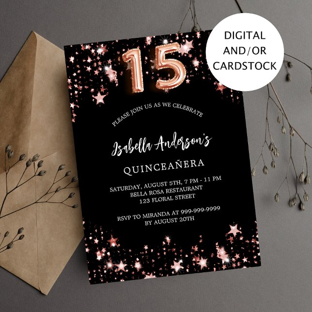 Invitación Estrellas de rosa negro de Quinceanera (Subido por el creador)