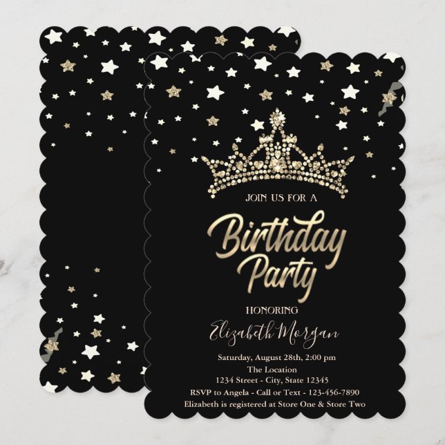 Invitación Estrellas de Tiara de Oro Fiesta de Cumpleaños Neg (Anverso / Reverso)