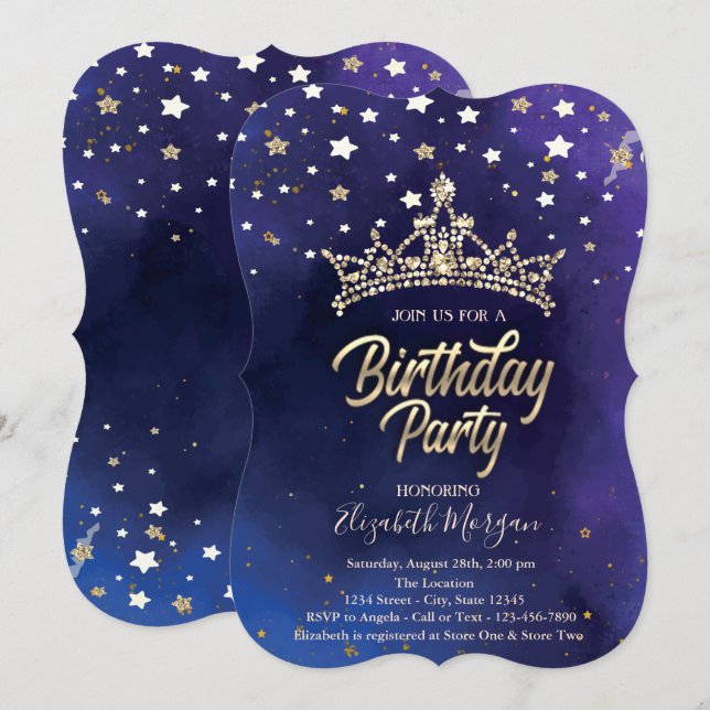 Invitación Estrellas de Tiara Dorado Fiesta de Cumpleaños Azu (Anverso / Reverso)