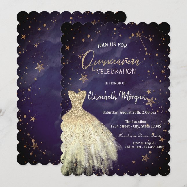 Invitación Estrellas de vestir de oro de moda Galaxy Quinceañ (Anverso / Reverso)