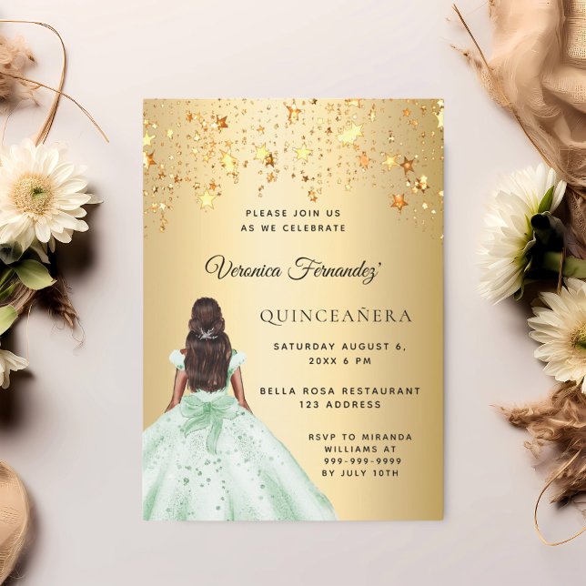 Invitación Estrellas de vestir de oro verde de Quinceanera (Subido por el creador)