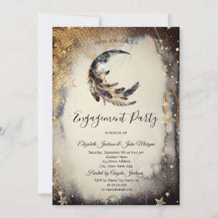 Invitación Estrellas doradas celestes Luna Pluma Oscuro