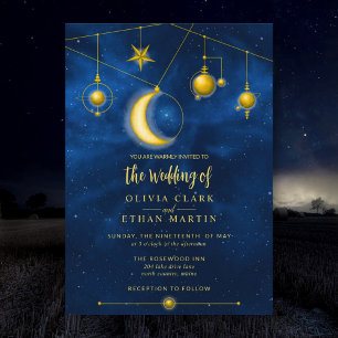 Invitación Estrellas doradas celestiales azul medianoche romá